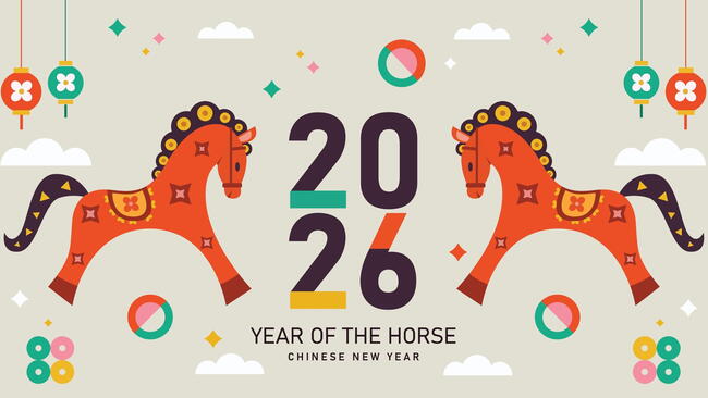 Happy Chinese New Year 2026 with horses, year of horse, 2026 New Year banners, posters, newsletters. 2026 Lunar New Year