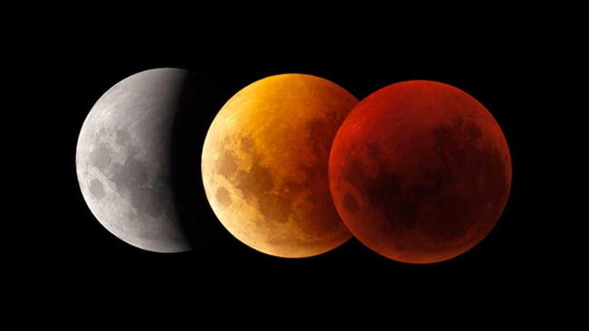 Stages of a total lunar eclipse showing the Moon changing from bright to dark and reddish as it moves through Earth’s shadow.