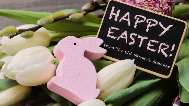happy easter from the old farmer's almanac, bunny, flowers and blackboard