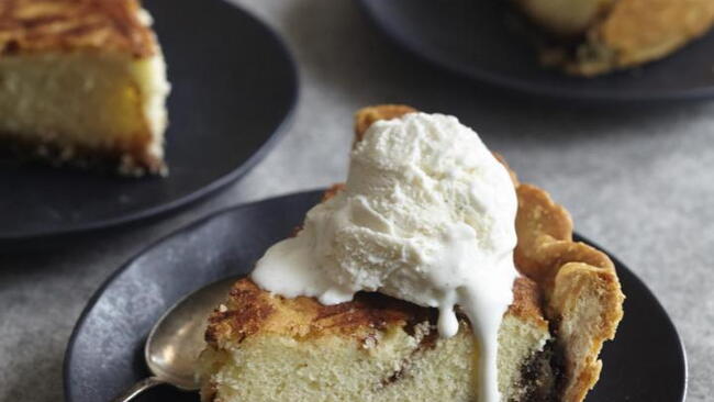 Nana's funny cake on a plate with vanilla ice cream