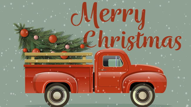 Merry Christmas and Happy New Year Postcard or Poster or Flyer template with retro pickup truck with Christmas tree. Vector illustration in vintage style.