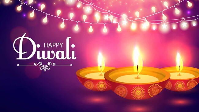 Happy Diwali. Traditional Indian Festival Background with Burning Lamps, Bokeh and Light Effects. Shining Diya. Vector illustration