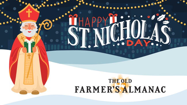 Sinterklaas - St.Nicholas day in December. Children holiday in Netherlands and Belgium. Saint Nicholas holding gift. St. Nicolas in the winter city with greeting lettering.