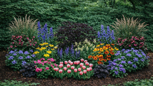 An illustration showing how this perennial garden provides color from spring through fall.