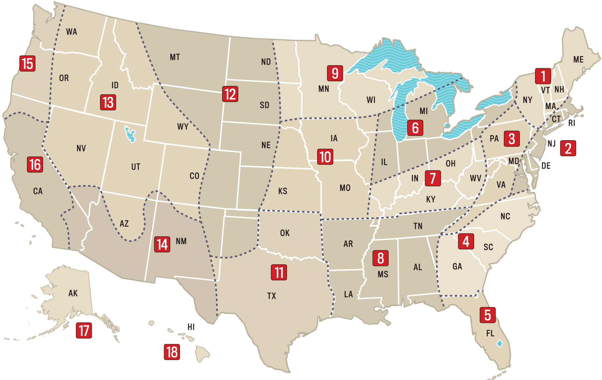 Map showing the 18 weather regions used in The Old Farmer’s Almanac.