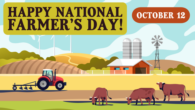 Happy national farmers day illustration, cows, tractor and farm
